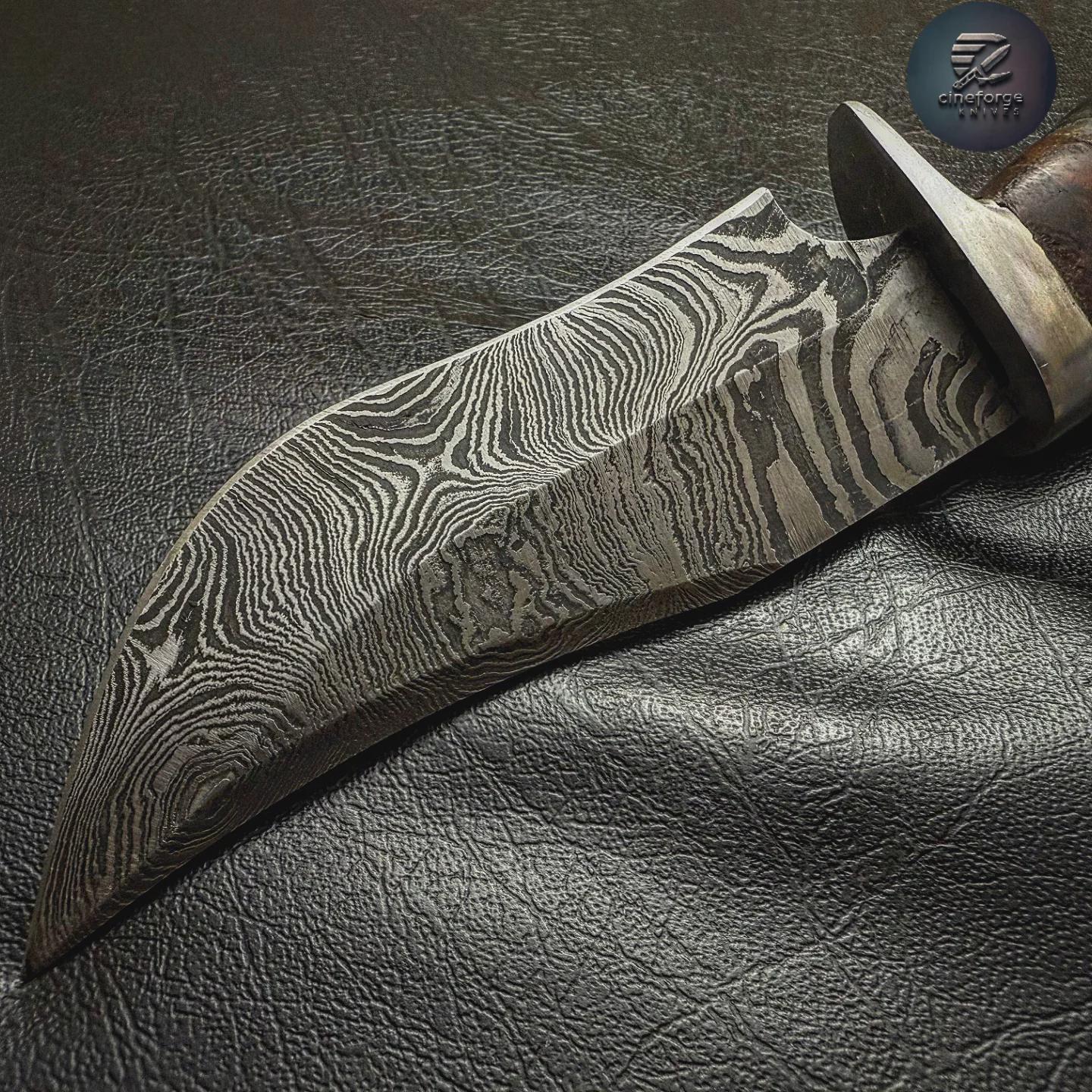 Damascus Steel Knife: Mountain Goat Horn Handle, Leather Sheath thumbnail 4