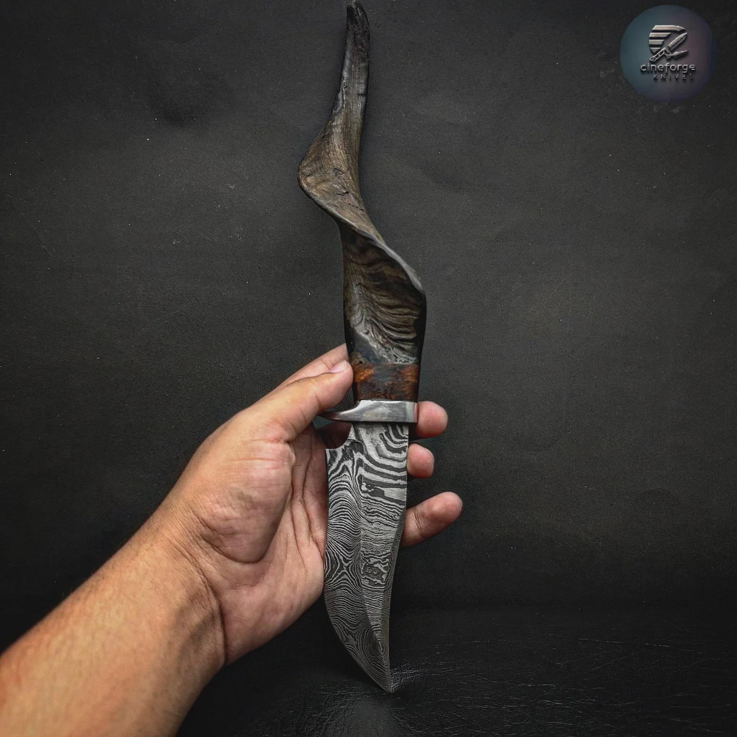 Damascus Steel Knife: Mountain Goat Horn Handle, Leather Sheath thumbnail 6
