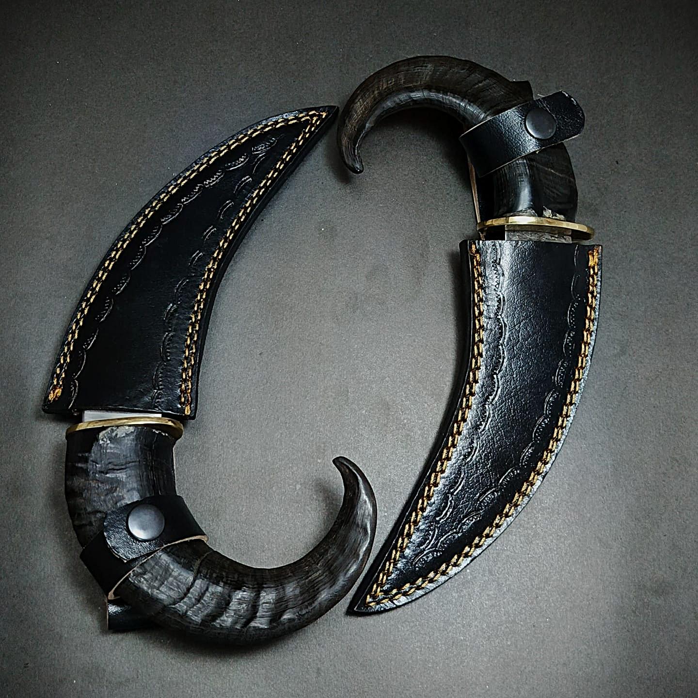 Goat Horn Karambit: D2 Steel, Damascus Blade, Brass Clip, Leather Sheath thumbnail 2
