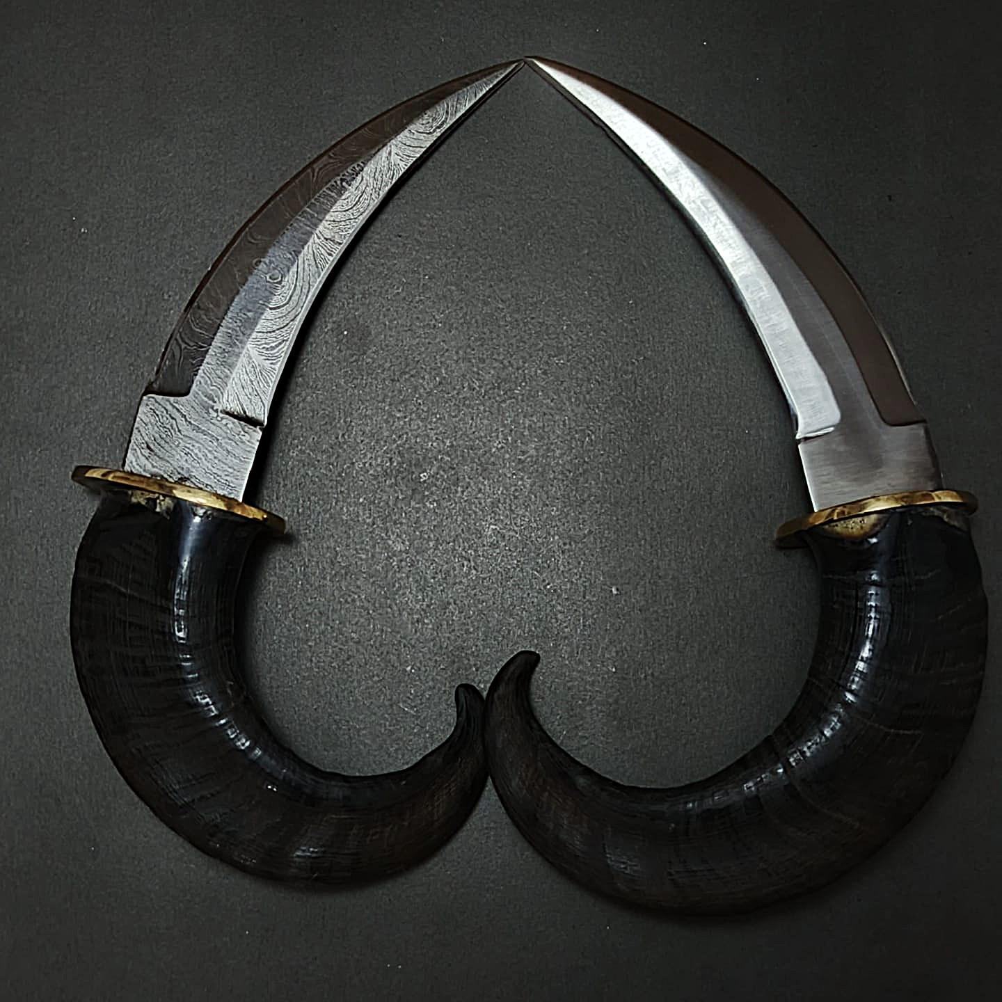Goat Horn Karambit: D2 Steel, Damascus Blade, Brass Clip, Leather Sheath thumbnail 7