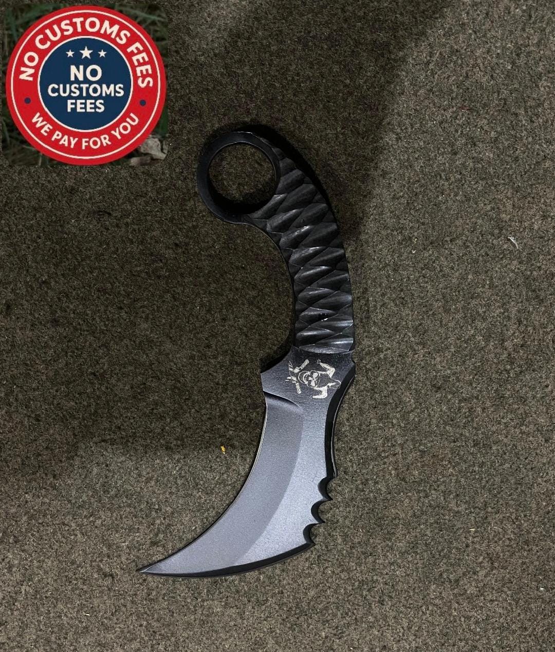 Blackend Blade Karambit: Joker knife engraving, Micarta, D2 steel, Leathersheath