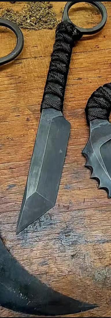 D2 Steel Karambit Set of 3: Powder Coated, Cord Wrapped, Leather Sheath thumbnail 3