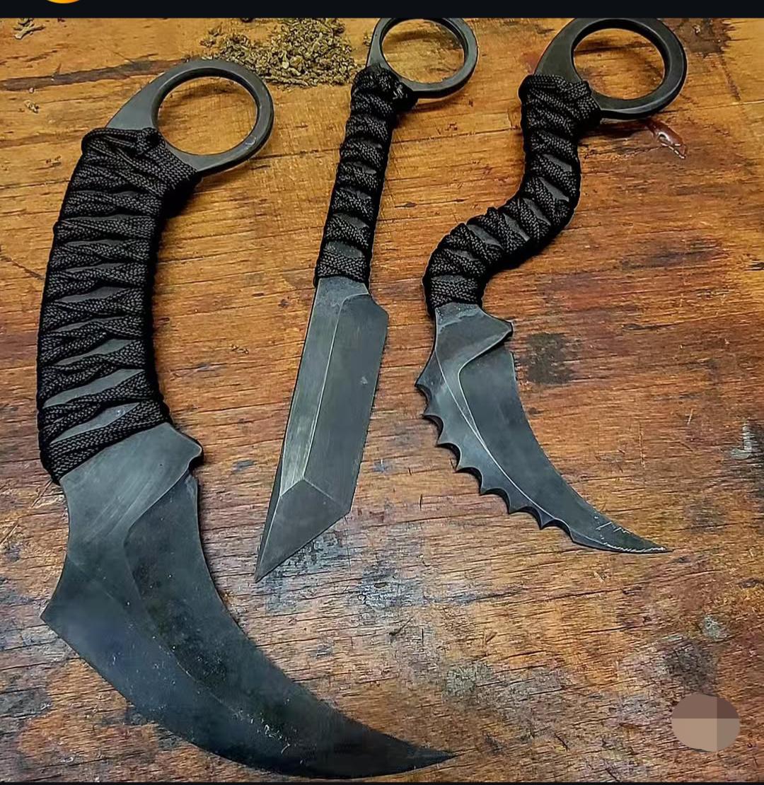 D2 Steel Karambit Set of 3: Powder Coated, Cord Wrapped, Leather Sheath thumbnail 6