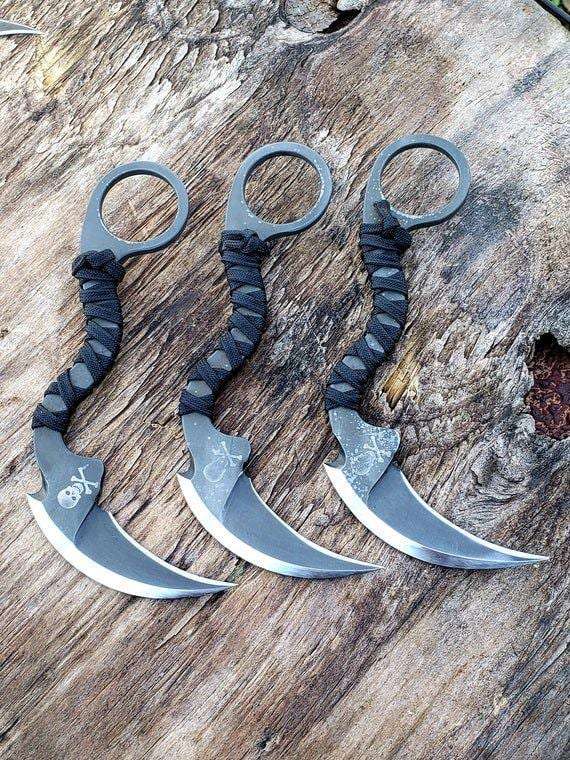 D2 Steel Karambit Set of 3: Powder Coated, Cord Wrapped, Leather Sheath