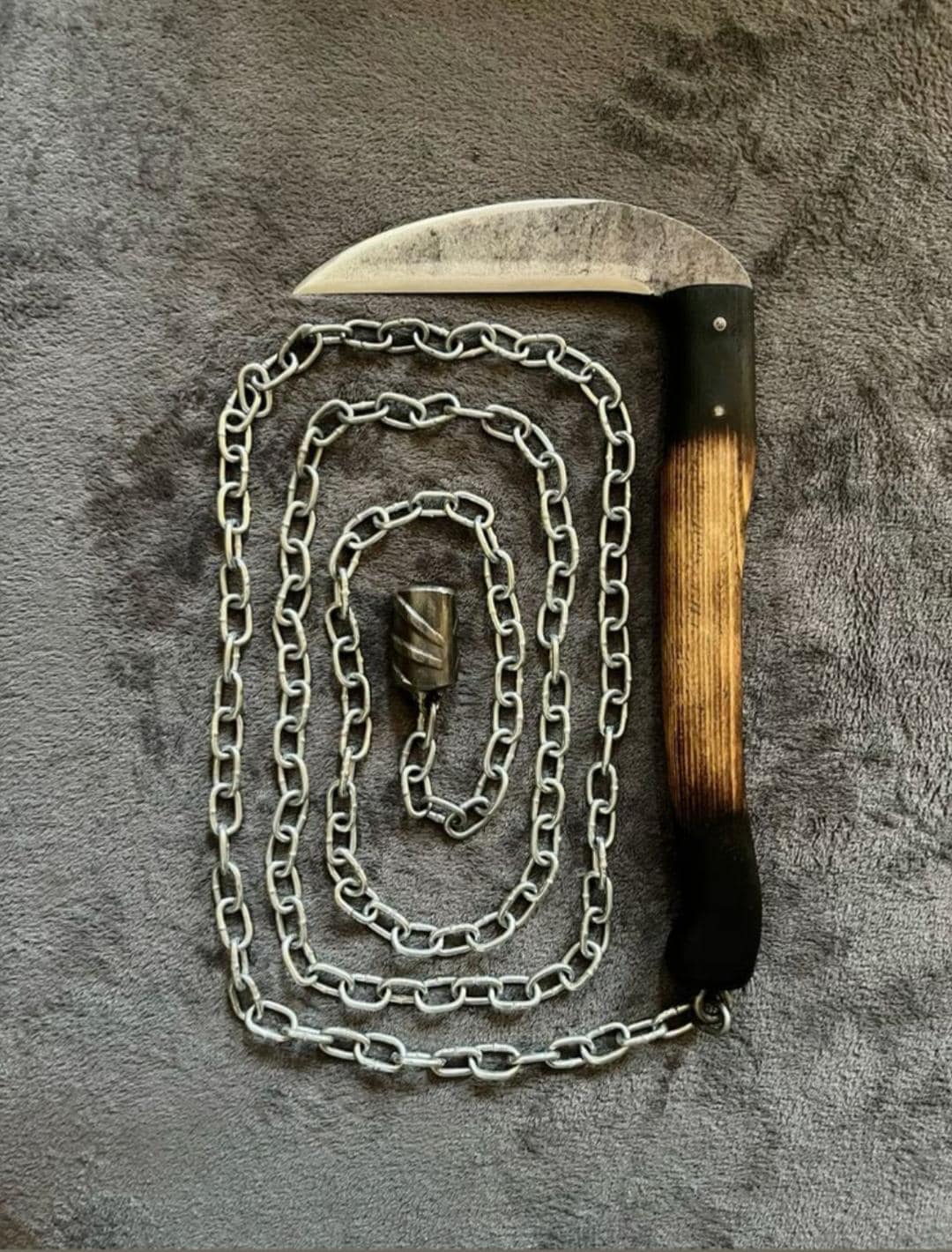 Kursigama Knife : D2 steel Blade, wood, Leather sheath