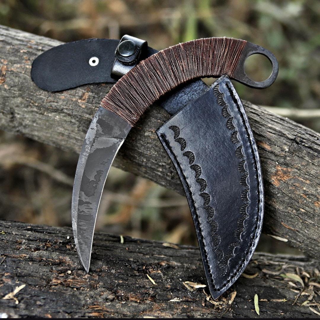 Handmade Karambit : Carbon Steel, Cord Wrap, Leather sheath