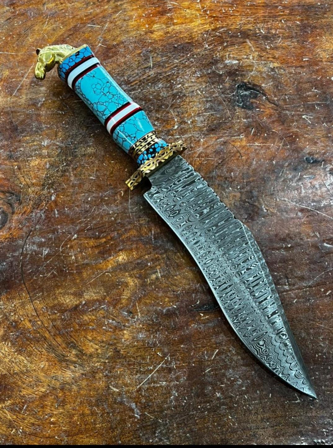 Handmade Damascus Knives : Damascus steel, Turquoise Stone Handle, Leather Sheath thumbnail 2