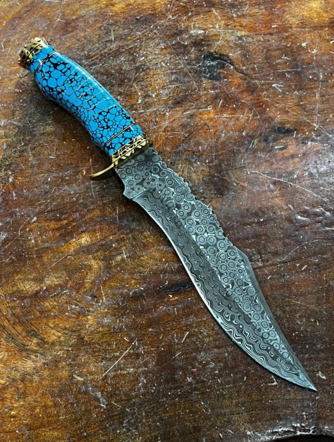 Handmade Damascus Knives : Damascus steel, Turquoise Stone Handle, Leather Sheath thumbnail 3