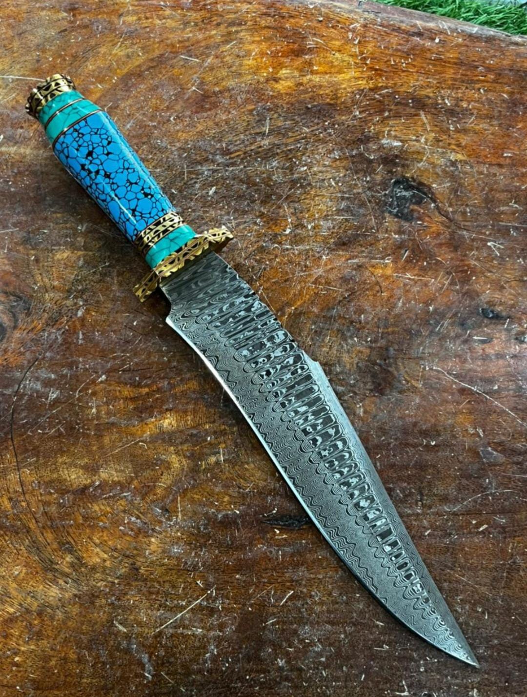 Handmade Damascus Knives : Damascus steel, Turquoise Stone Handle, Leather Sheath thumbnail 4