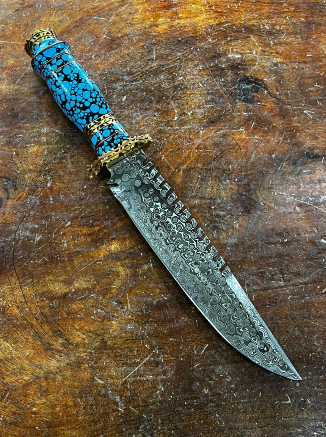Handmade Damascus Knives : Damascus steel, Turquoise Stone Handle, Leather Sheath thumbnail 5