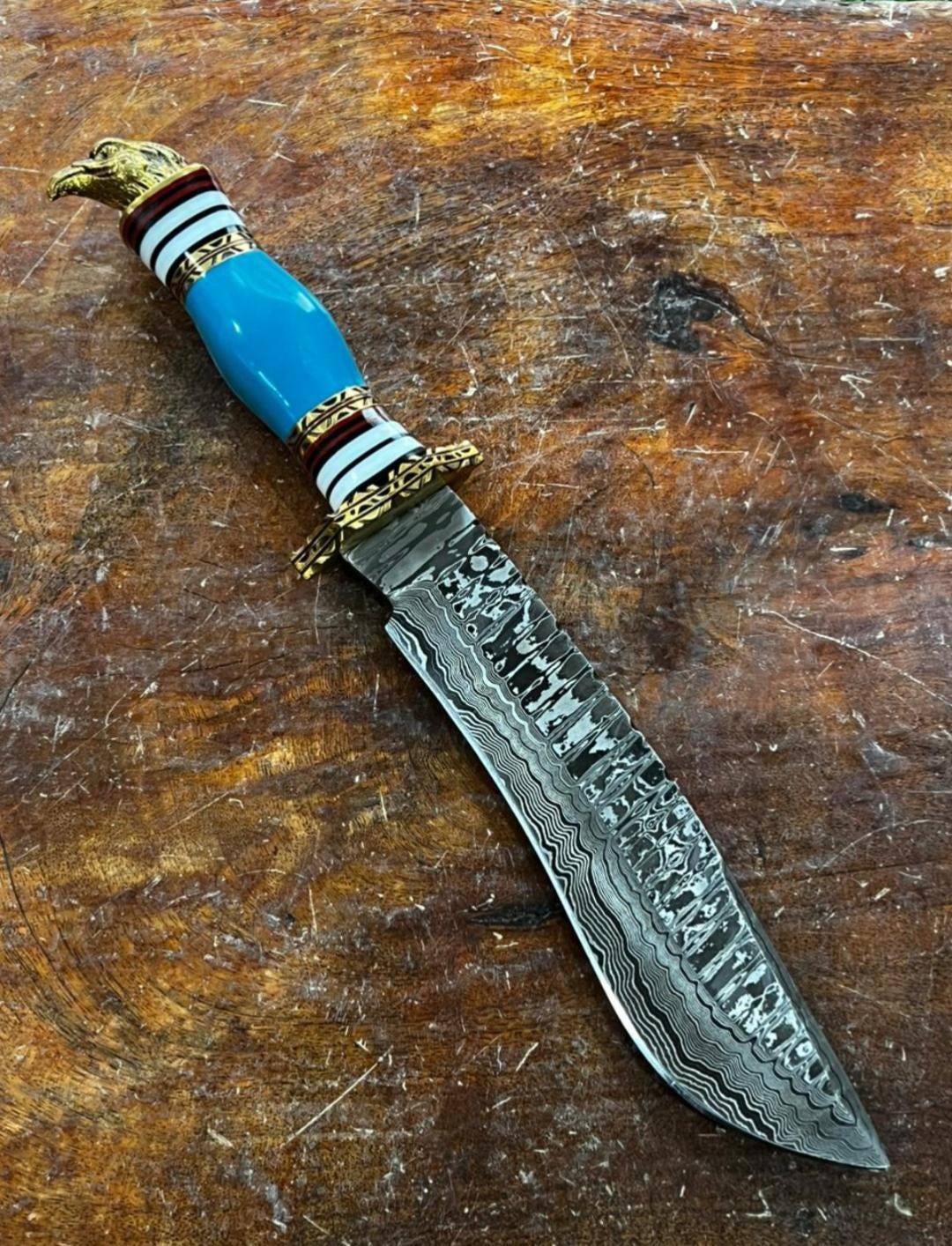 Handmade Damascus Knives : Damascus steel, Turquoise Stone Handle, Leather Sheath thumbnail 6