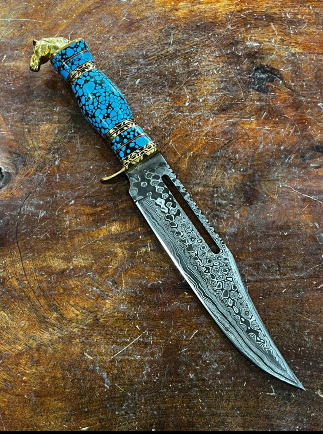 Handmade Damascus Knives : Damascus steel, Turquoise Stone Handle, Leather Sheath thumbnail 7