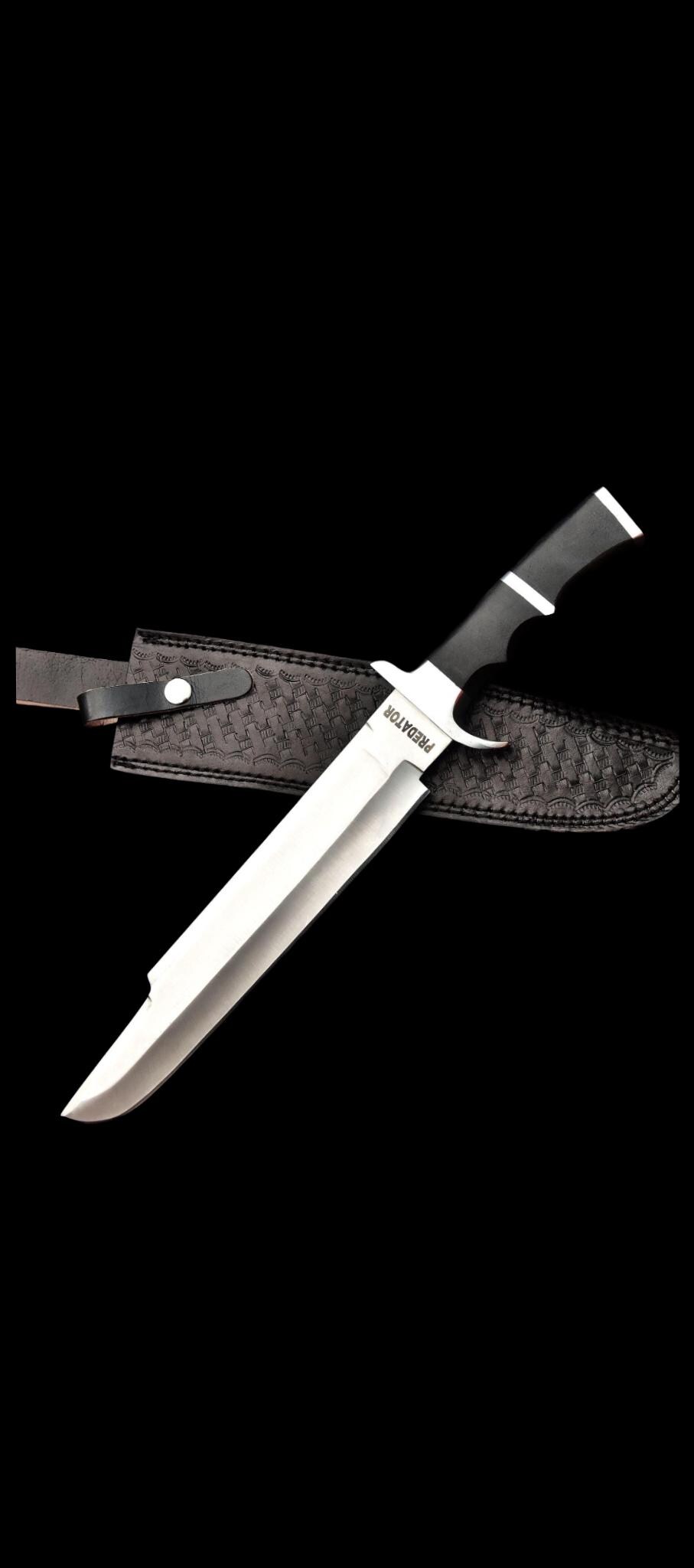 Handmade Predator Replica Knife | D2 Steel Blade, Black Micarta Handle, Leather Sheath